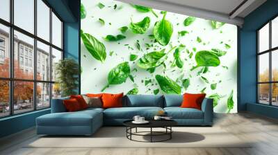 Ingredients for salads. Top view of a close-up of green leaves and pieces of spinach. The concept of freshness and vitality Wall mural