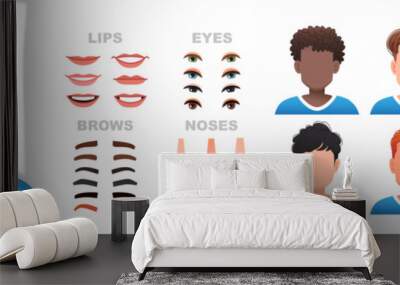 Male face constructor. A set of eyes, noses, eyebrows, lips and hairstyles to create male characters. Facial elements for building a portrait of a young man. Wall mural