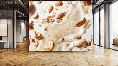 Natural white milk is poured on almonds. Almonds combine with a splash of milk on a white background. A healthy protein snack Wall mural