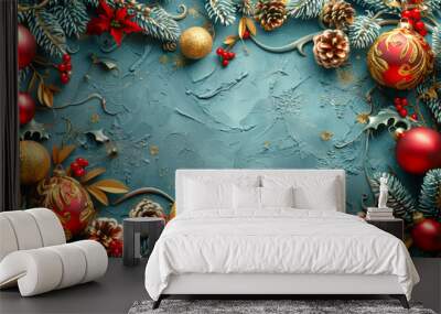 On the blue textured table there are Christmas decorations such as fir branches, red and gold Christmas balls, cones, branches with red rowan berries, etc. A Christmas card with a copy space Wall mural