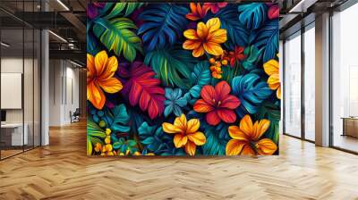 Summer juicy vegetable seamless pattern. A tropical garden with lots of flowers. The painting is saturated with bright colors and carries a lively, energetic atmosphere. Floral backdrop Wall mural