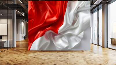 The flag of Indonesia lies on a white table, top view. The red and white striped Indonesian flag. The national symbol of the country. Independence Day. Flag background for the design Wall mural