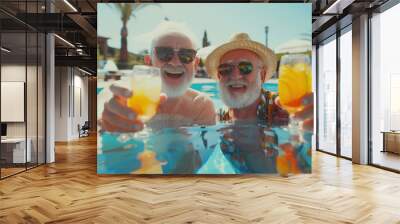 Two old gray-haired happy men are swimming in the pool with glasses of orange juice in their hands. A gay couple are smiling and enjoying their vacation at the resort Wall mural