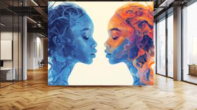 Two women of the sea and fire elements. The concept of the horoscope sign is Gemini. Two black African girls are facing each other. The confrontation of two elements - fire and water Wall mural