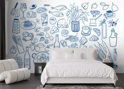 Set of hand drawn simple mediterranean food. Different European ingredients and dishes in doodle style Wall mural