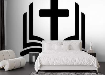 Bible with Christian cross icon. Black religious symbol. Christian church symbol. Wall mural