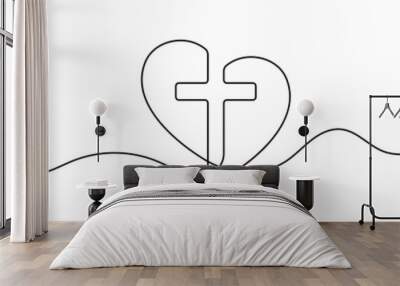 Christian church symbol in continuous line drawing style. Line art of a heart with Christian cross. Vector illustration. Abstract background Wall mural