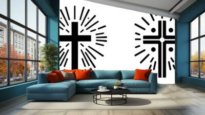 Christian cross icon. Set of black symbols of Christian cross with sun rays. Religious symbol. Wall mural