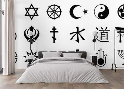 Religious symbols. Set of miscellaneous religious icons on white background. Black religious icons. Vector illustration. Wall mural