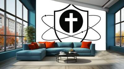 Shield with christian cross icon. Linear shield icon. Christian church logo design. Vector illustration. Religion protection symbol on white background. Wall mural