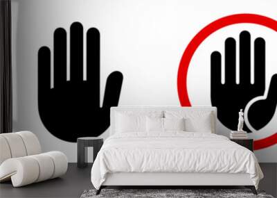 Stop hand icon. Set of hand icons. Black silhouette of hand in flat style, isolated on a white Wall mural