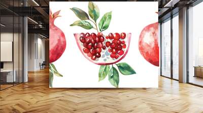 Pomegranate fruit vector set whole and half and green leaves. Watercolor hand drawn illustration isolated on white background Wall mural