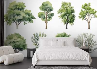 Set of watercolor green tree isolated on white background for landscape and architecture drawing, elements for environment and garden, botanical for section in spring Wall mural