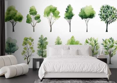 Set of watercolor green tree isolated on white background for landscape and architecture drawing, elements for environment and garden, botanical for section in spring Wall mural