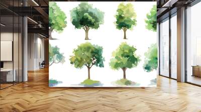 Set of watercolor green tree isolated on white background for landscape and architecture drawing, elements for environment and garden, botanical for section in spring Wall mural