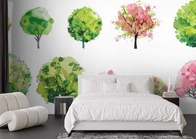 Watercolor of  pink and green blooming tree top view isolated on white background for landscape plan and architecture drawing. Elements for garden , botanical plan. Vector watercolor of tree top view Wall mural