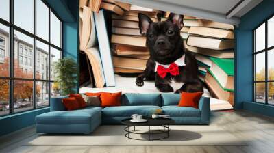 Black dog with bow reading book in library Wall mural