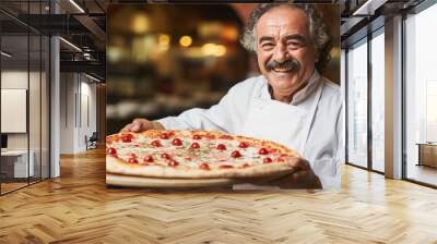 Smiling mature man preparing tasty pizza in cozy italian restaurant brick oven with space for text Wall mural