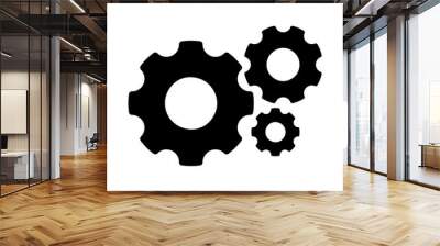 Cogwheel group filled black icon. Three cogs mechanism factory vector illustration. Industrial machine and engine sign. Clockwork technology symbol. Settings or teamwork web pictogram isolated. Wall mural