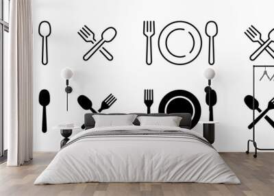 For and spoon icon set. Eatery symbol. Kitchen utensil vector illustration. Tableware serving sign. Crossed fork and spoon pictogram. Menu button. Wall mural