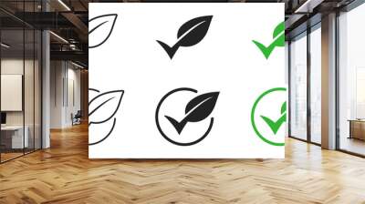 Leaf checkmark icon. Organic tick symbol. Ecology approved check mark. Natural emblem isolated illustration. Wall mural