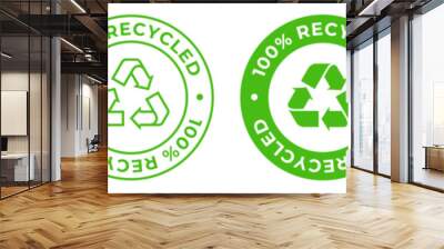 Made from 100 recycled materials label. Zero waste icon. Environmental reusable plastic illustration for product packaging logo, sign, symbol, badge or emblem isolated. Wall mural