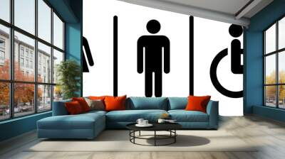 WC room icon. Man, woman and disabled silhouette. Male, female and unisex toilet. Handicapped symbol. Bathroom sign isolated. Wall mural