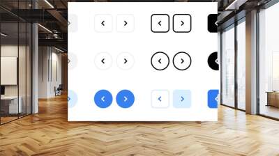 Web interface navigation buttons icon set. Slider arrow buttons symbols. Next and previous round buttons for app. Simple website arrow buttons in three different styles collection. Wall mural