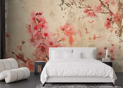  Vintage  art piece, capturing the elegance of soft pink and red tones on a time-worn canvas, Wall mural