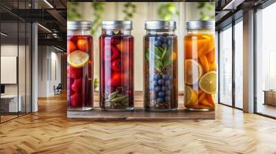 fruit tea marinated drinks PET clear plastic packaging tin cap lid natural light background bokeh effect  Wall mural