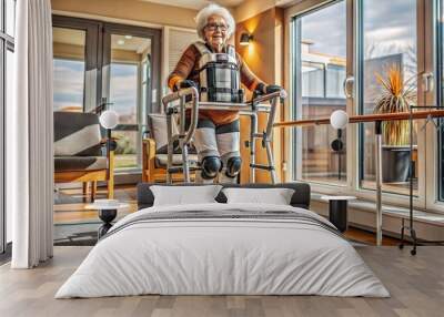 old lady walking supported metallic gait trainer machinery learn how to walk again hospital environment Wall mural