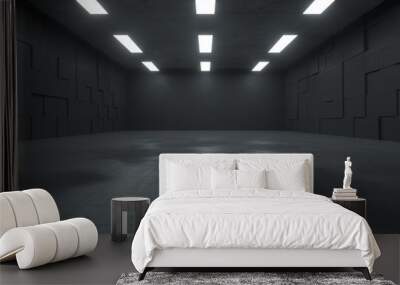 3d rendering of a futuristic dark concrete underground space with lights Wall mural