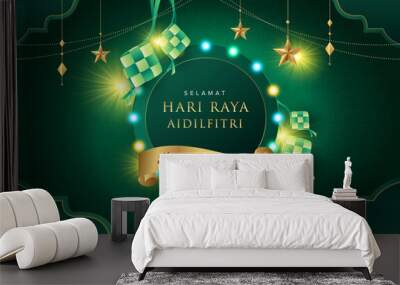 Hari Raya design with light bulb style on green Islamic background with gold ornament stars and ketupats. Suitable for raya and ramadan template concept. Wall mural