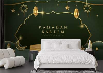 Ramadan Kareem design on green Islamic background with gold ornament star, moon, lanterns and gold podium. Suitable for raya and ramadan template concept. Wall mural