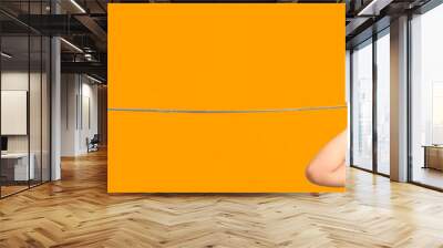 Boys Playing with Tin Can Phone. Isolated on Orange Background. Wall mural