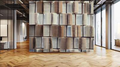 Open books, Abstract blur and defocused bookshelf in library interior for background Wall mural