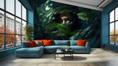 A frightened human hiding in the jungle foliage. Generative art Wall mural