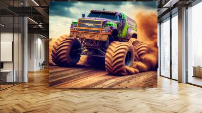 Abstract custom monster truck riding on high speed at the dirt track. Generative art Wall mural