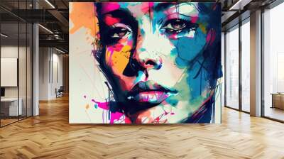 Beautiful woman, colorful stunning illustration in grunge style. . Spatter and drips of paint. Generated by Ai Wall mural