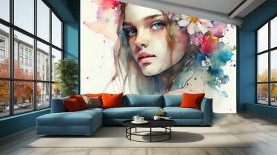 Beautiful woman with a flowers. Painting, smudge, drips, spattered. Colorful creative illustration generated by Ai. Generative art Wall mural