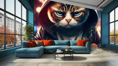 Brutal serious cat with leather jacket, and hoodie, looking at camera. Generative art Wall mural