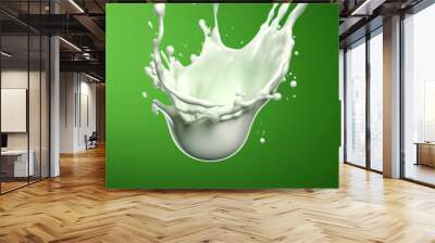 Fresh natural yogurt, milk or paint splash isolated on green background Wall mural