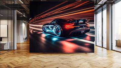 Modern sports car riding on high speed in the night. Neon street lights, blurred in motion. Generative art Wall mural