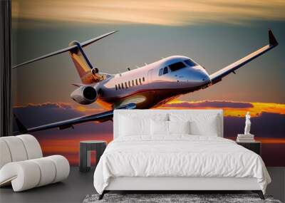 Private jet airplane in the sky at sunset. Photorealistic illustration. Generative art. Wall mural