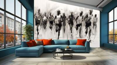 Silhouettes of the marathon runners. Charcoal drawing, generative art Wall mural