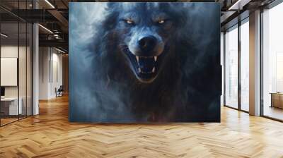 Spooky black wolf in the clouds of smoke. Stunning photoreal fine art generated by Ai. Is not based on any specific real image or character Wall mural