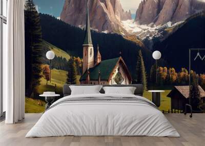 Val di Funes valley and silhouette of Dolomites on background, Italy. Stunning ai generated illustration Wall mural