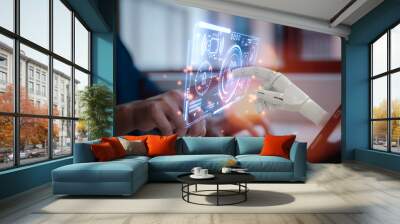 AI, Machine learning, Hands of robot and human touching on data chart deep learning, Science and artificial intelligence technology Wall mural