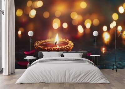 Diwali Lights with oil lamp decorated with copy space for Happy Diwali background concept. Wall mural