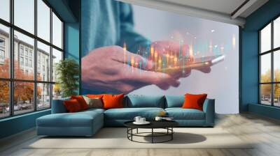 financial investment concept, businessman using smartphone  touching virtual trading graph buy and sell share in concept of investment business growth and marketing, cryptocurrency exchange platform Wall mural